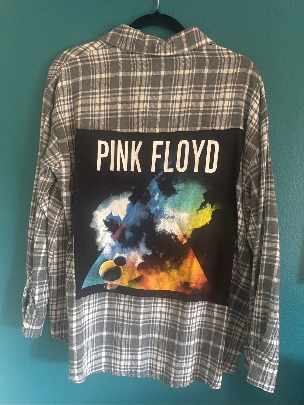 Upcycled Pink Floyd Graphic Plaid Button-Down Shirt
